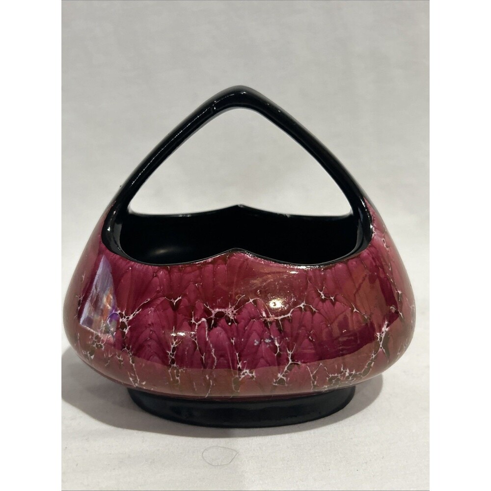 Vintage Czechoslovakia Ceramic Coronet Basket Burgundy Swirl Design